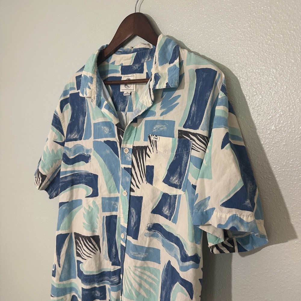 ONeill Mens XL Blue Abstract Geometric Surf Short Sleeve Button Up Shirt Cotton